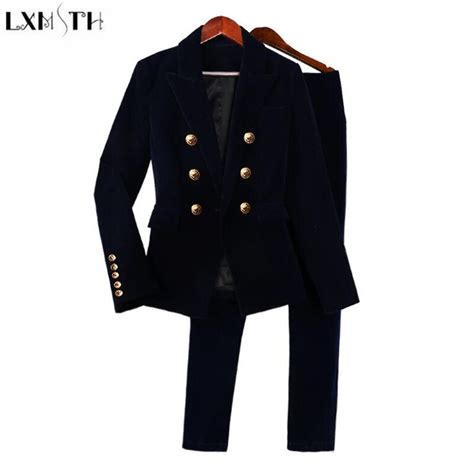 Lxmsth Velvet Set Women Double Breasted Blazer 2 Piece Pants Suits 2019 Spring Autumn Fashion Ol