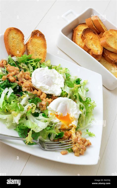 Classic French Salad Great Salad Lyonnaise Dish With Green Leaves Of