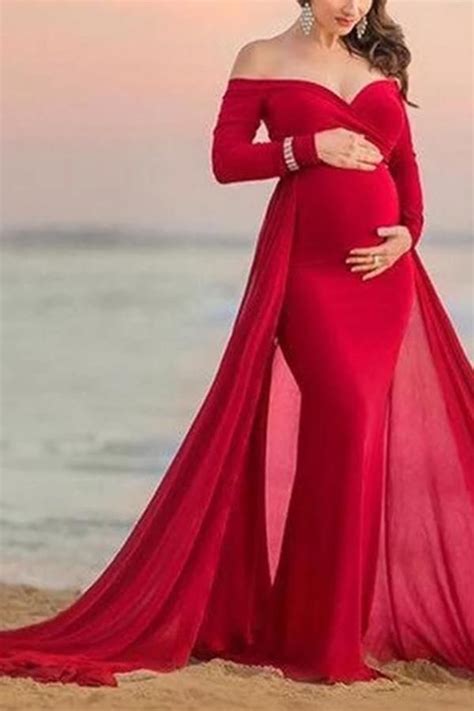 Maternity Elegant Long Sleeve Pure Colour Shoulder Dress In Red