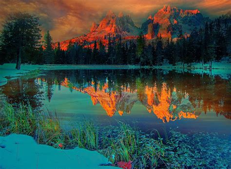 Sunset Nature Landscape Lake Mountain Forest Snow Clouds Winter Snowy Peak Wallpapers