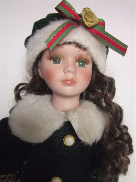 Brunette Porcelain Doll Green Winter Outfit Christmas Curly Hair 16 Ebay