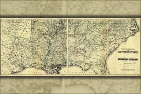 Poster Many Sizes Railroad Map Southern United States America 1883