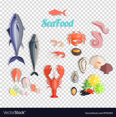 Seafood Set Design Flat Fish And Crab Royalty Free Vector
