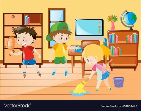 Three Kids Cleaning Classroom Royalty Free Vector Image