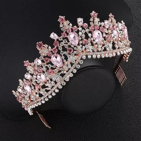 Baroque Rose Gold Pink Crystal Bridal Tiara Crown With Comb Etsy