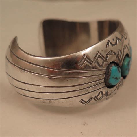 Vintage Navajo Sterling Silver Turquoise Cuff Bracelet P Benally From