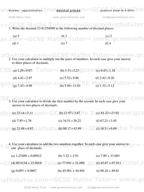 Decimal Places Worksheet 01 Approximation Number From Gcse Maths