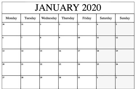 Pick Free Editable January 2020 Month Calendar Printables Free Blank