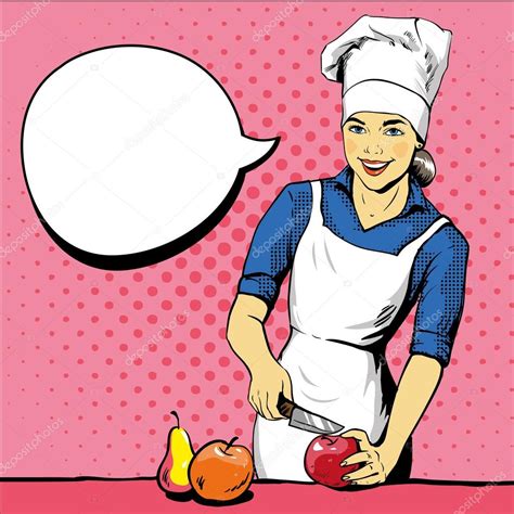 Beautiful Woman Cooking Vector Illustration In Retro Pop Art Style Female Chef In Uniform