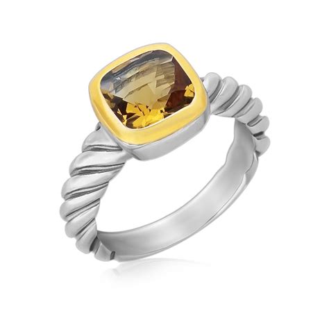 Cushion Citrine Cable Style Shank Ring In 18k Yellow Gold And Sterling