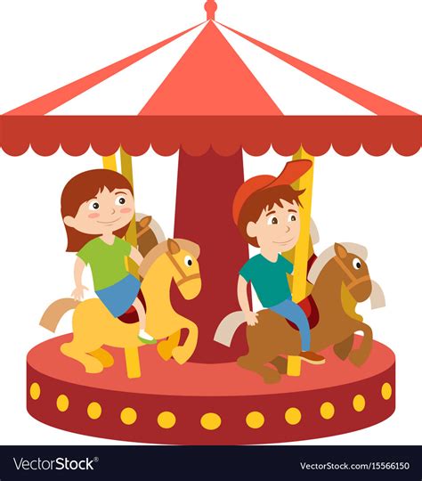 Children Have Fun In Park And Ride On Carousel Vector Image