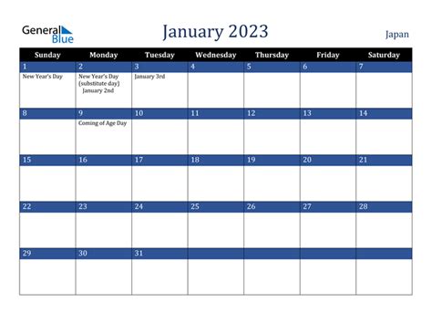 January 2023 Calendar With Japan Holidays