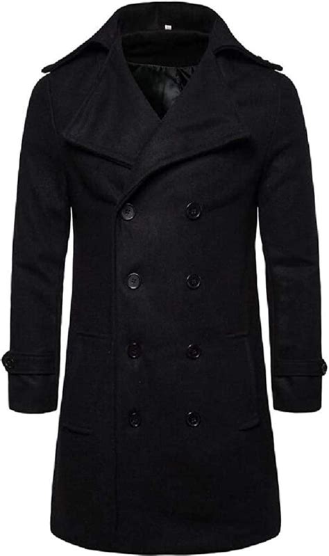 Men Double Breasted Formal Regular Fit Wool Blended Trench Pea Coat