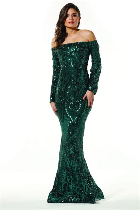 Tinaholy Couture T1866 Emerald Green Sequin Off Shoulder Formal Gown Prom Dress Designer