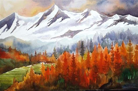 Autumn Forest And Snow Peaks Watercolor Painting 2016 Watercolour By