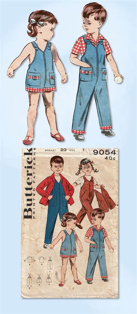 1950s Vintage Butterick Sewing Pattern 9054 Baby Girls Boys Overalls