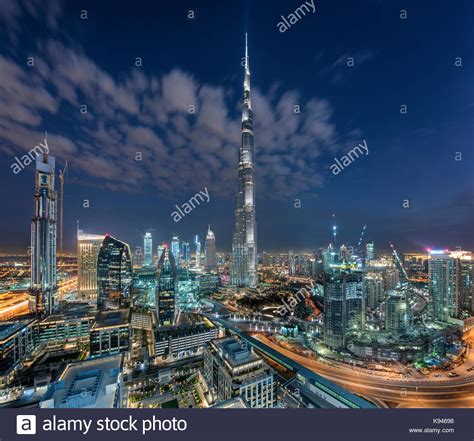 Cityscape Of Dubai United Arab Emirates At Dusk With The Burj Khalifa