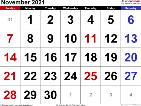 2021 November Calendar Printable Free Letter Templates