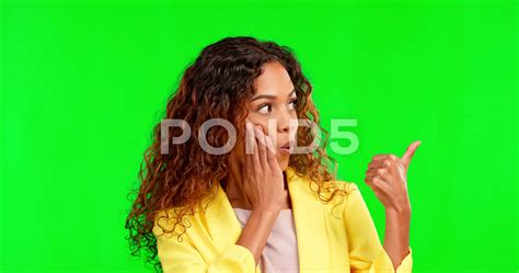 Shock Green Screen And Woman In A Studio Pointing At Mockup Space For