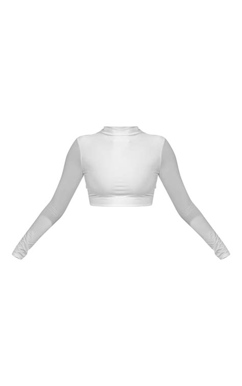 White Basic Slinky High Neck Long Sleeve Crop Top Prettylittlething Ire