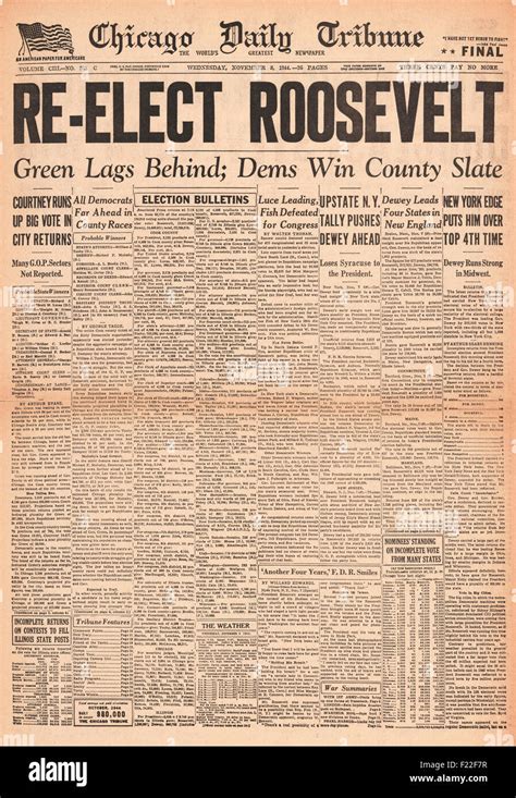 1944 Chicago Daily Tribune Front Page Reporting Roosevelt Re Elected