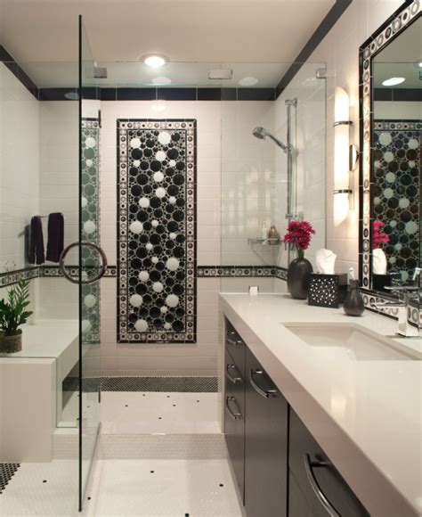 Use a corner or section of your walls to add a few shelves to unique wallpaper or tile patterns will give your small bathroom design a beautiful flair. Monochromatic small bathrooms designs