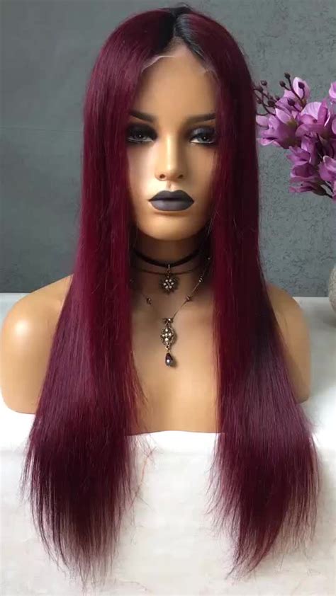 Ombre Burgundy Straight Long Hair Wigs Dark Root Middle Part Lace Front