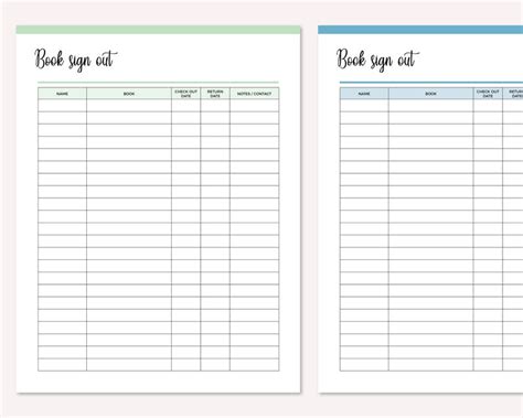 Printable Library Book Sign Out Sheet Book Sign Out Form Etsy