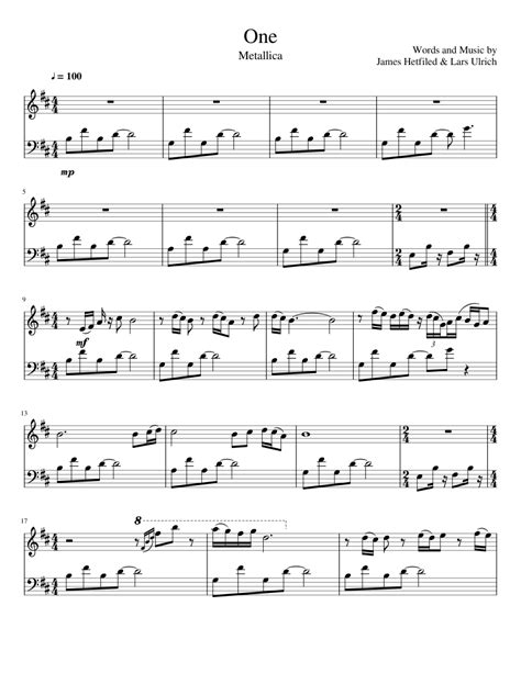 Metallica One Sheet Music For Piano Solo