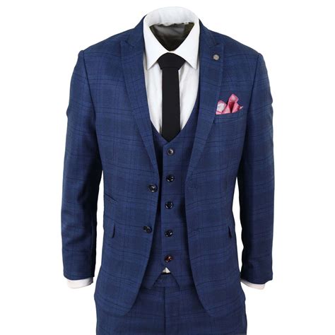mens marc darcy 3 piece suit blue prince of wales black check vintage