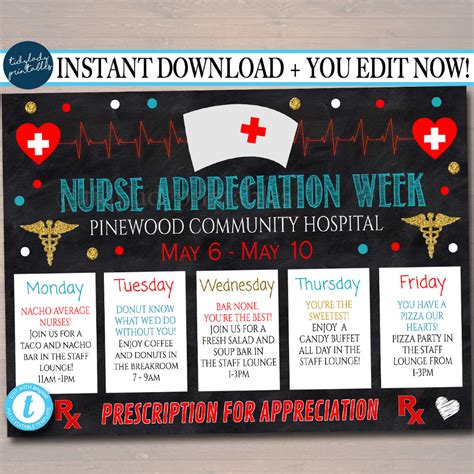 editable nurses appreciation week itinerary poster heart etsy nurses week ts nurses week