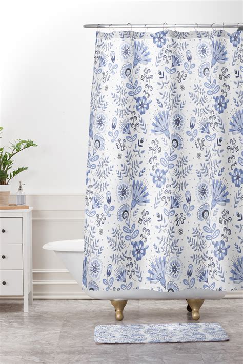 Blue And White Floral 1 Shower Curtain And Mat Pimlada Phuapradit