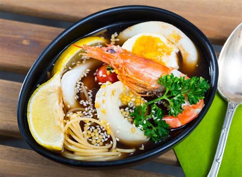 Tasty Spicy Pan Asian Broth Boiled With Shrimp Squid Egg Noodles Stock Image Image Of White