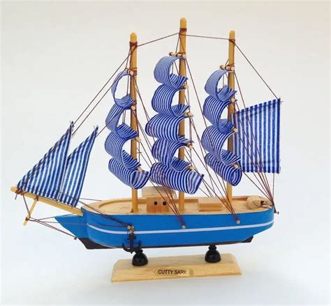 24cm Wooden Ship Modelmediterranean Style Nautical Decor Blue Sailing