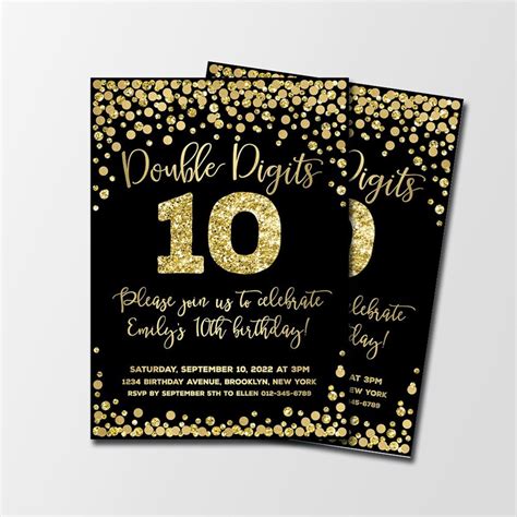 Double Digits Birthday Invitation Gold And Black Th Birthday Confetti