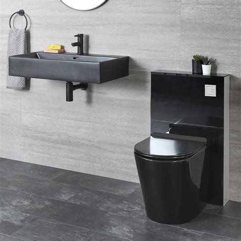 Meuble colonne rangement salle de bain dim. Ensemble WC à poser avec meuble et lavabo suspendu - Noir - Nox