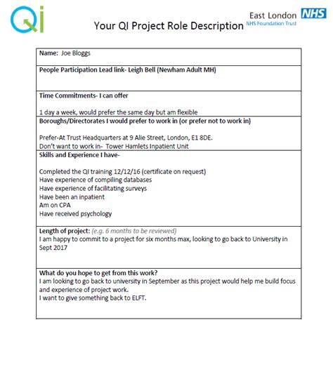 Example Qi Project Role Description For Service Users And Carers