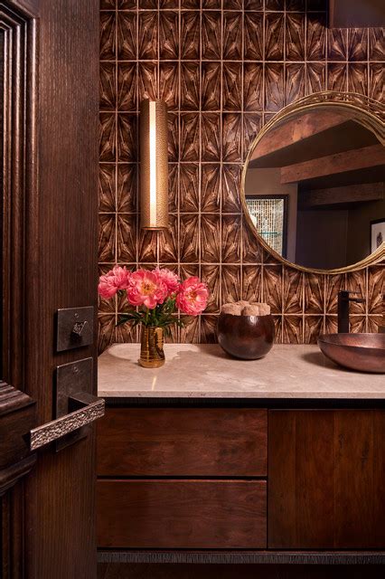 Dramatic Powder Room With Quartzite Countertop And Flat Panel Cabinets