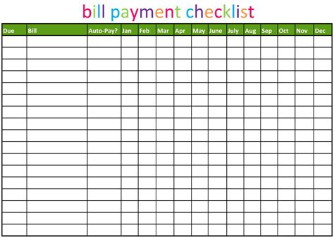 Printable Monthly Bill Chart