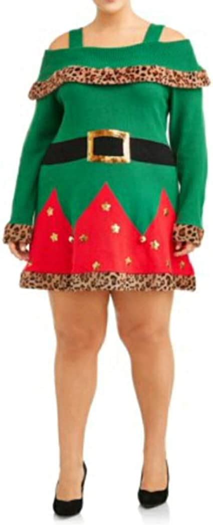 Christmas Elf Costume With Leopard Trim Plus Size Sweater Dress 3x