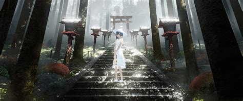 Anime Girl Shrine Stairs Torii Hd Wallpaper Peakpx