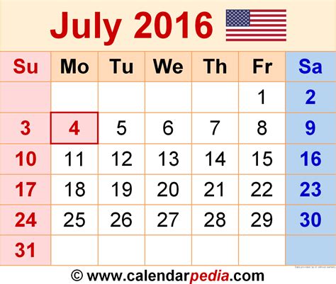 July 2016 Calendar Templates For Word Excel And Pdf