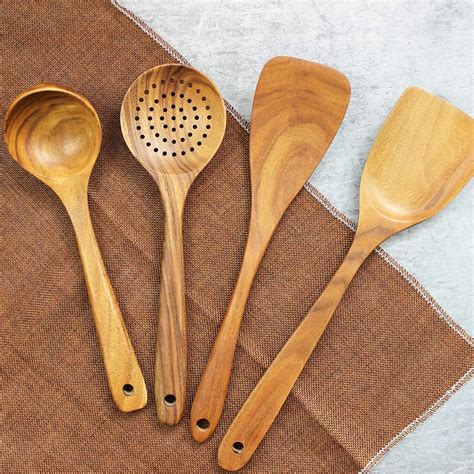Organic Teak Wood Kitchen Utensil With Spatula Wooden Spoons For