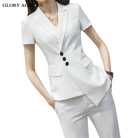 Summer Fashion White Women Suits 2019 New Business Formal Short Sleeve Pant Suits For Women