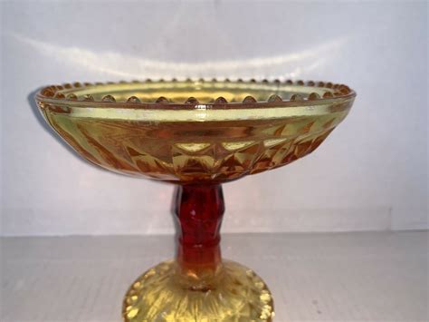 Vintage Amberina Glass Pedestal Diamond Candy Dish 5 1 2” Bowls
