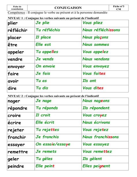 NIVEAU 1 Conjugue les verbes suivants au présent de l indicatif