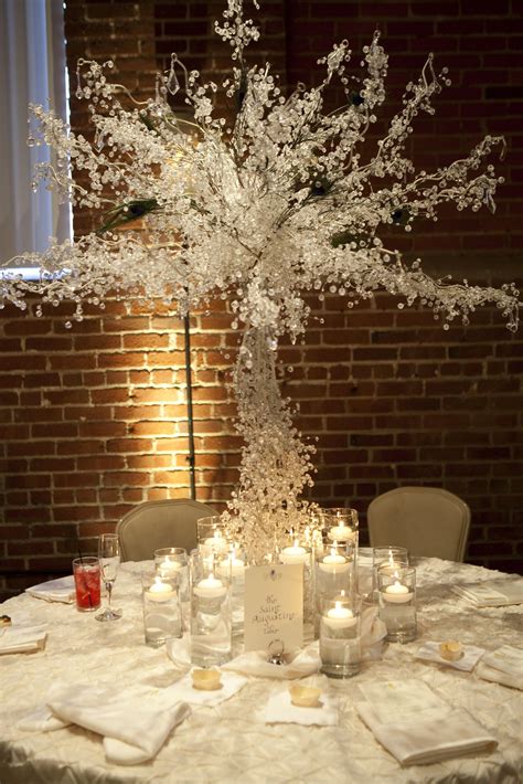 Crystal Wedding Tree Tall Flower Centerpieces Blue Winter Wedding