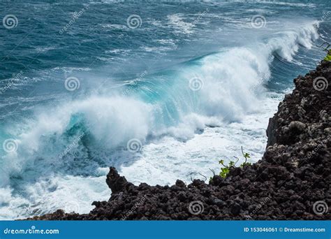 Powerful Shore Break On Hawaii`s Lava Rock Coast Beautiful Breaking