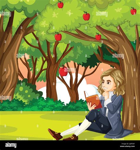 Isaac Newton Sitting Under Apple Tree Illustration Stock Vector Image