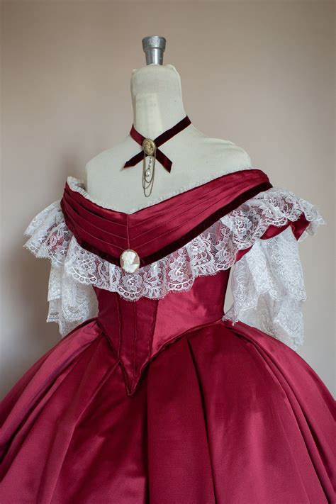Victorian Prom Dress Victorian Ball Gown Burgundy Satin White Lace